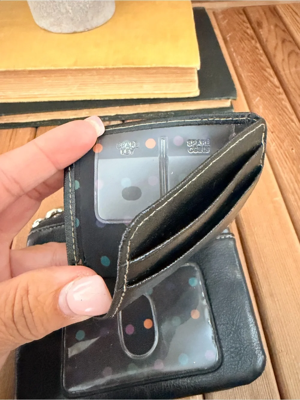 Black Leather Card Wallet with Polka Dot Lining & ID Window,Removable Key Pocket